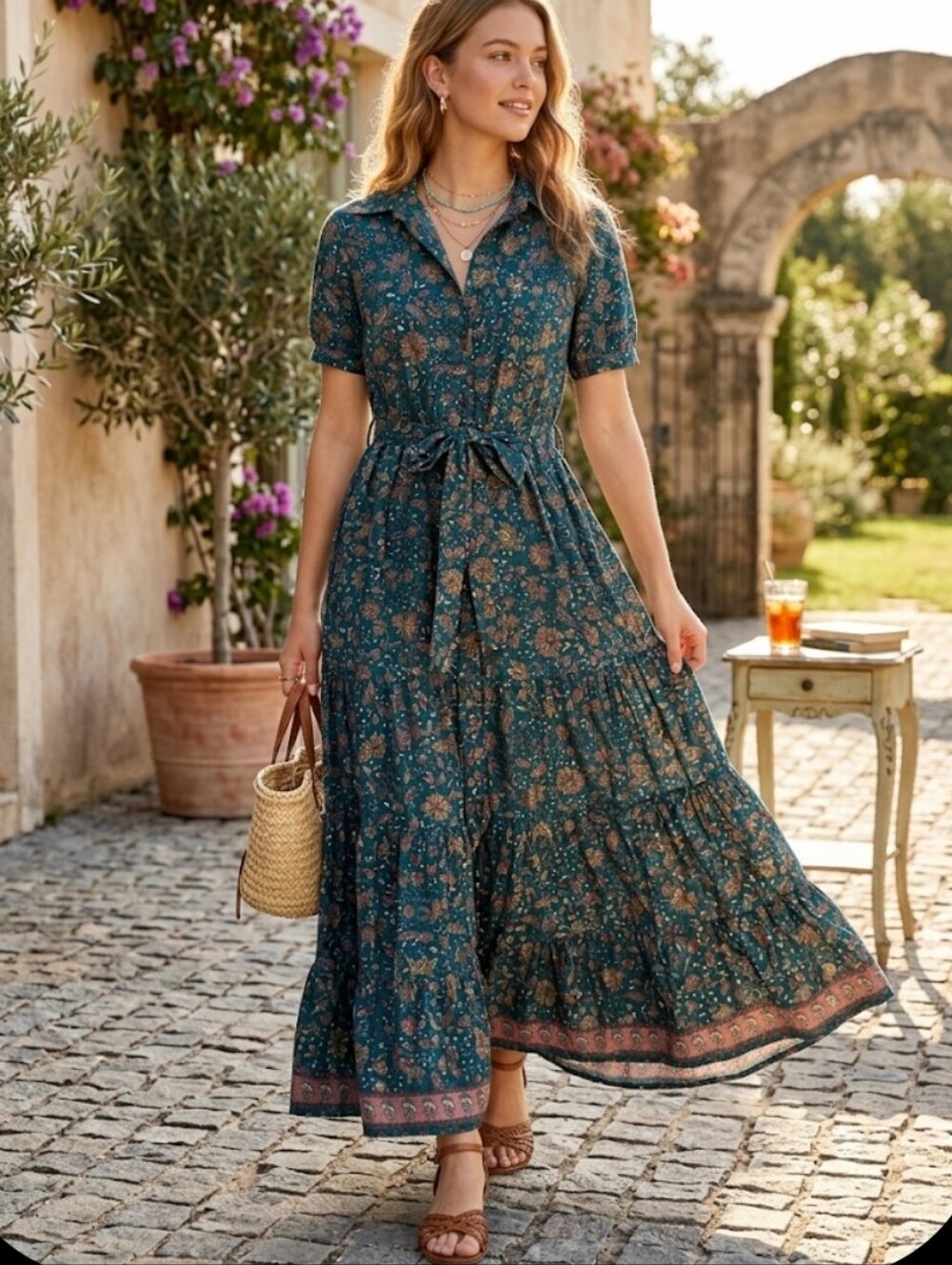 Boemo Teal Floral Paisley Tiered Maxi Dress  Boho Chic Size Small